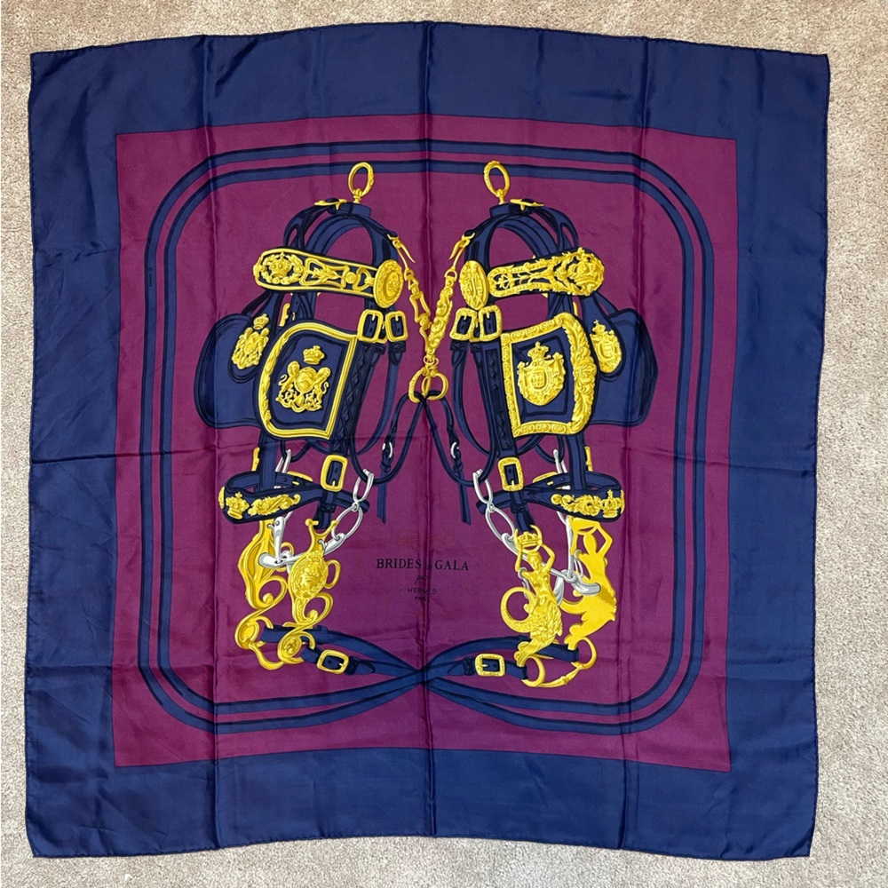 AUTHENTIC HERMES CARRE 90 SCARF "BRIDES DE GALA PAR" SILK NAVY PURPLE